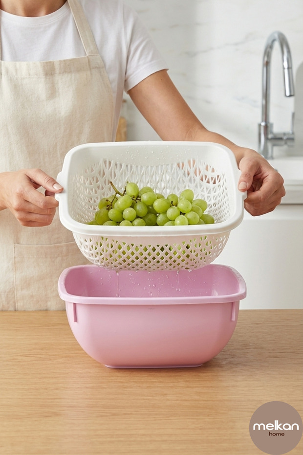 Bowl Set with Strainer 6 Liters – Square Bowl + Multi-Purpose Strainer Set of Two Vegetable and Fruit Washing Container Powder