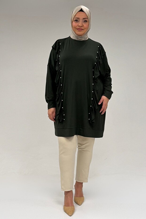 58074 Large Size Ruffle and Stone Detailed Combed Cotton Tunic - Khaki