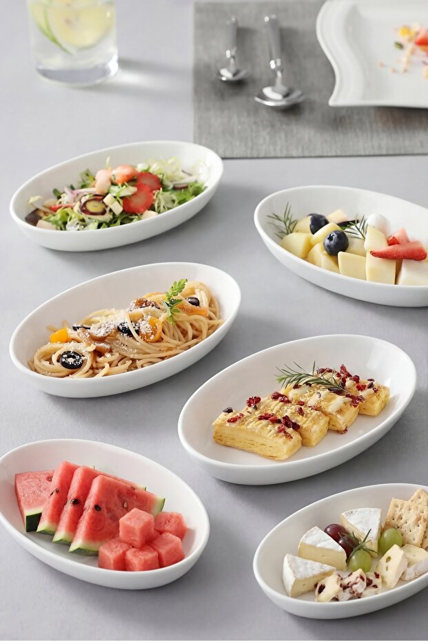 Large Size Kayık Plate 6 Pieces 19X12 Cm, White Porcelain Presentation and Serving Plate