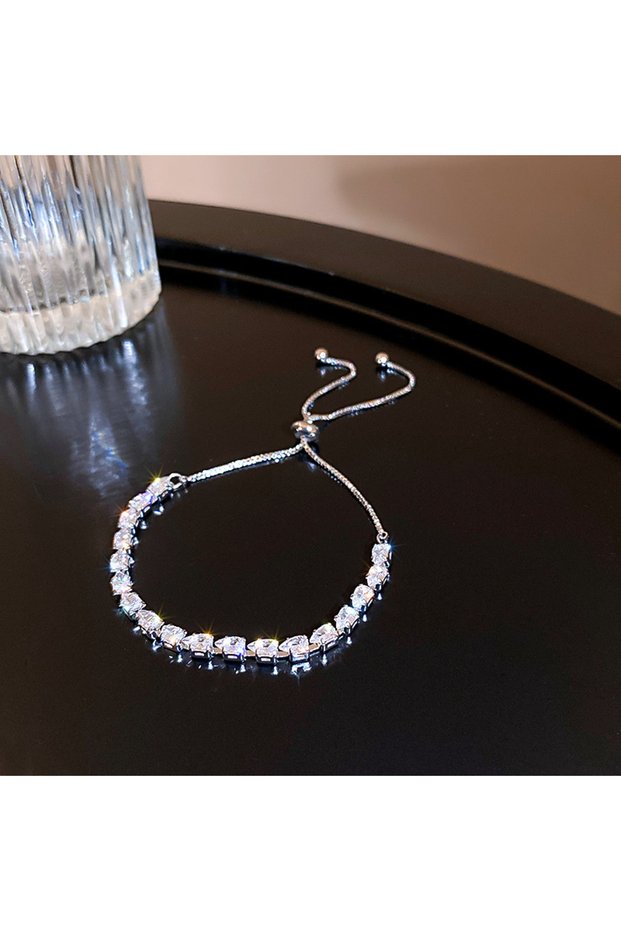 silver color Luxury Adjustable Bracelet Women's Fashion Temperament Geometric Square Rhinestone Brac