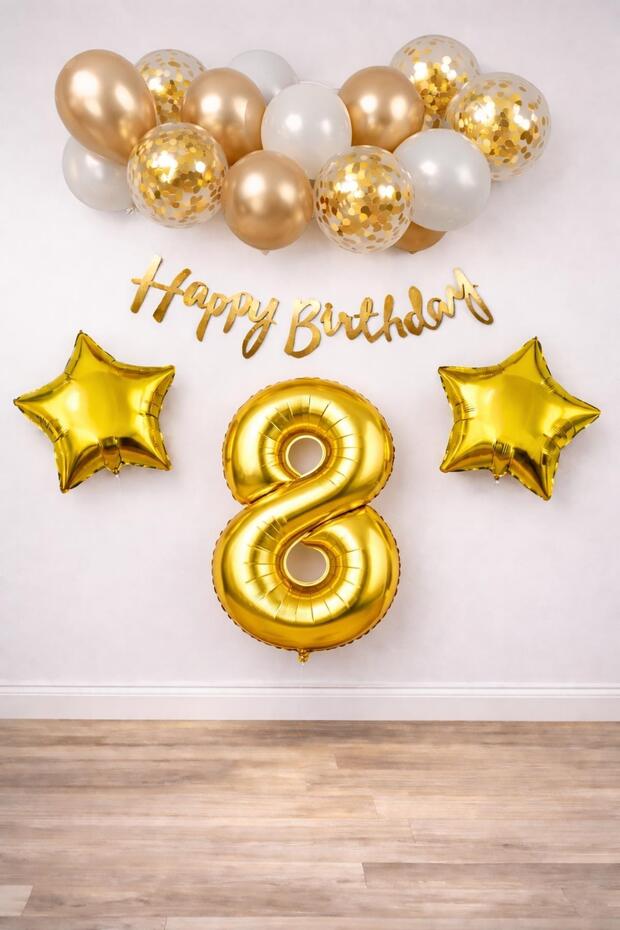 Gold Concept 8Th Birthday Celebration Set; White Gold Confetti Balloon, Number Star Foil and Banner