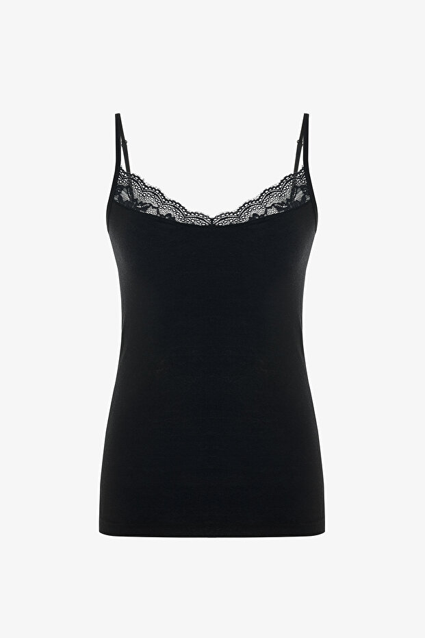 قميص داخلي رفيع بحمالات رفيعة من مزيج الكشمير الأسود - 1