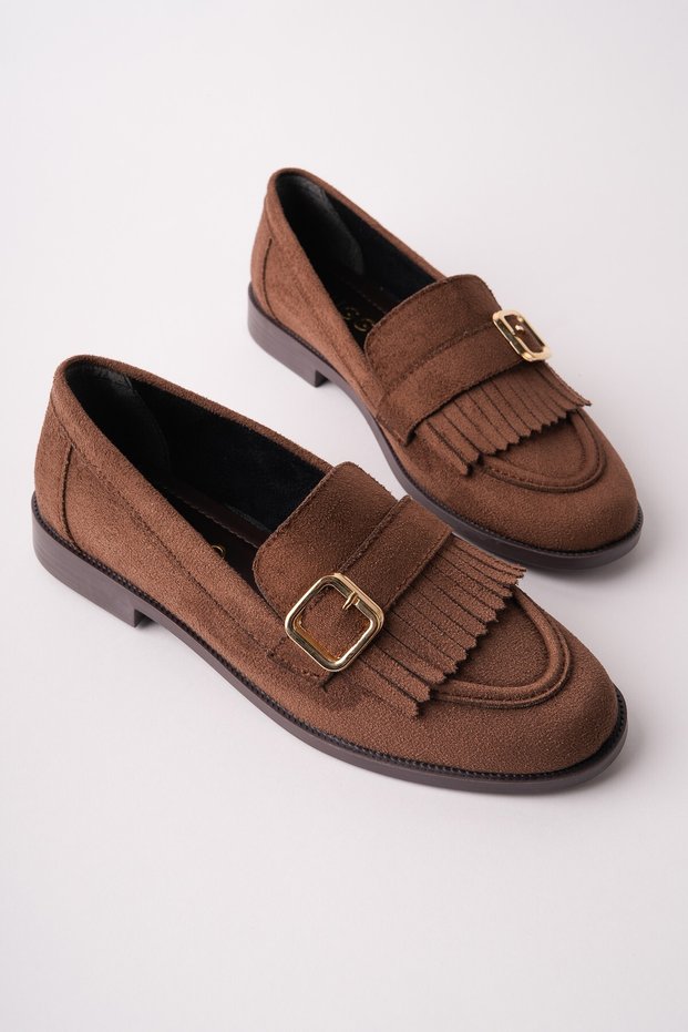 Tuft Gold Buckled Tasseled Suede Women's Casual Loafers Shoes