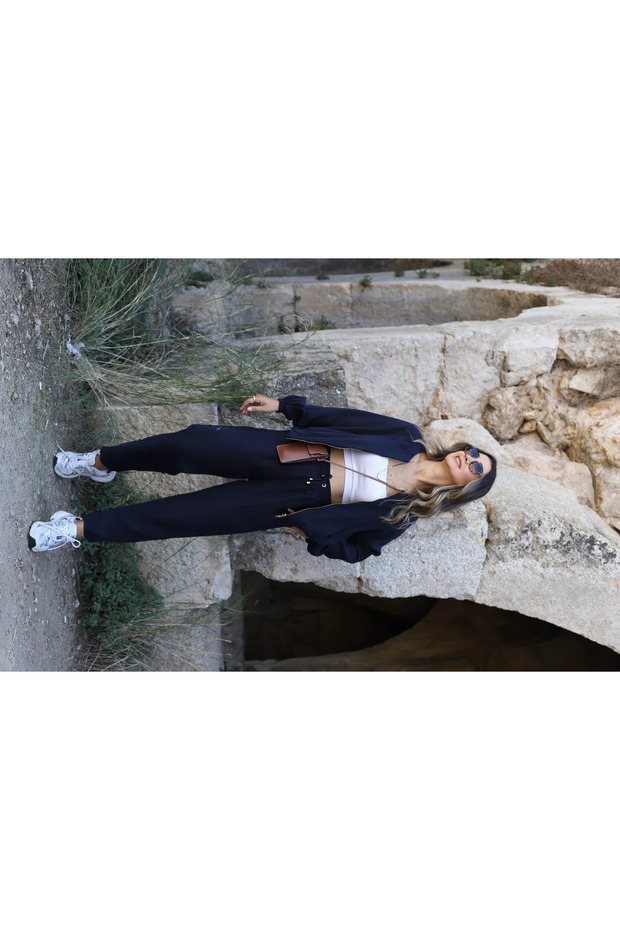 Navy Blue Zippered Jacket Trousers Set