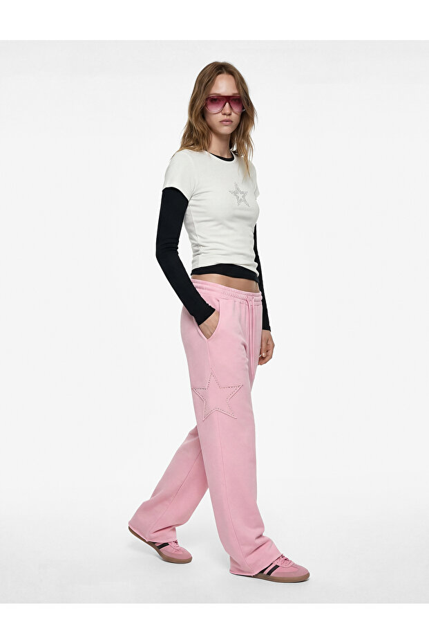 Star Appliqué Detailed, Lace-Up Waist, Comfortable Fit, Wide-Leg Sweatpants