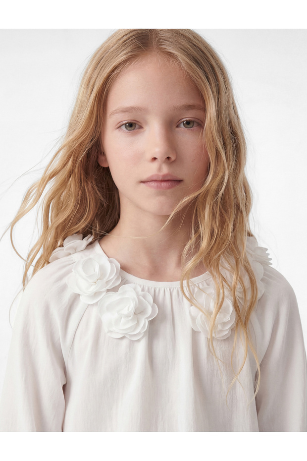 Cotton Pack Short Balloon Sleeve Rubber Detailed Crew Neck Floral Poplin Blouse
