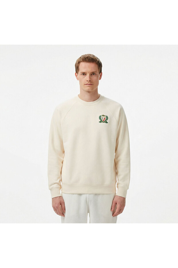 Erkek Classic Fit Bisiklet Yaka Krem Sweatshirt - 1