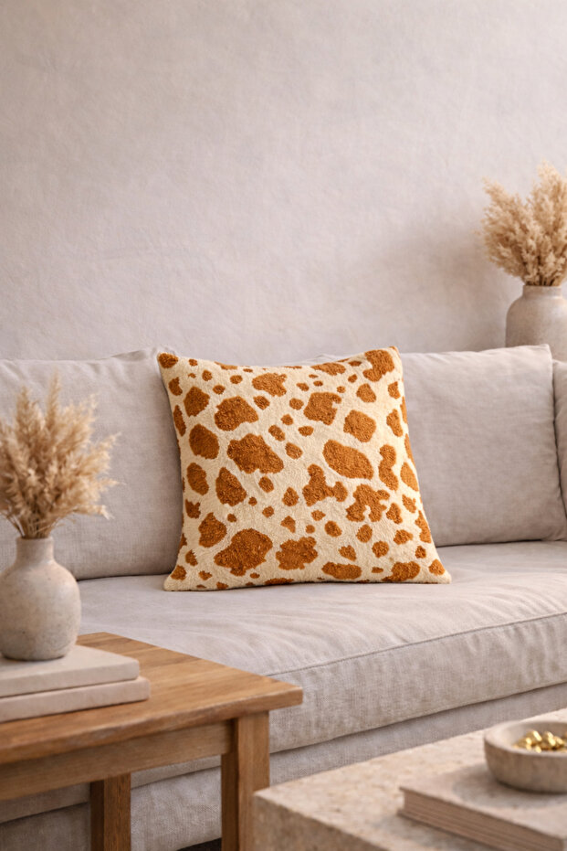 Savanna Giraffe Patterned Curl Woven Mustard Cushion Cover (43X43 cm) - Animal Print Modern
