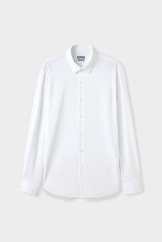 Slim Fit Beyaz Örme Gömlek - 5