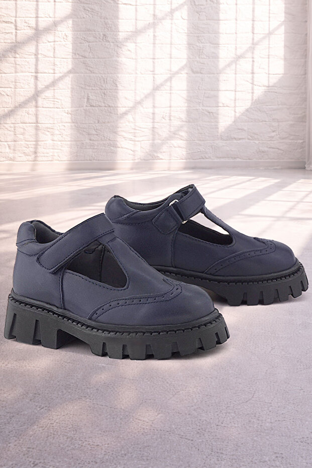 Navy Blue Matte Velcro Girls' School Shoes
