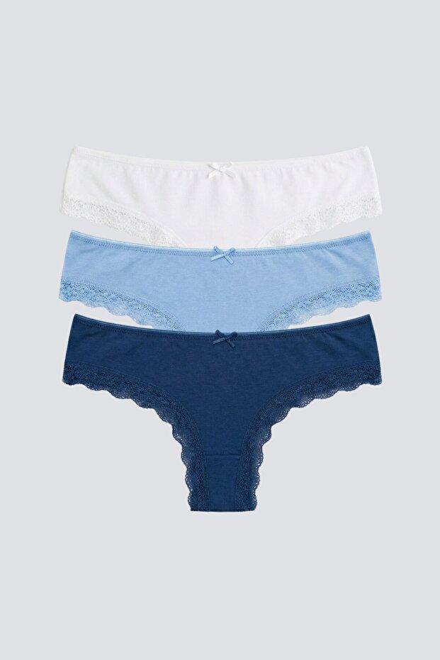 Women's Triple Cotton Brazilian Panties 4376 Petrol-Light Blue-White Color