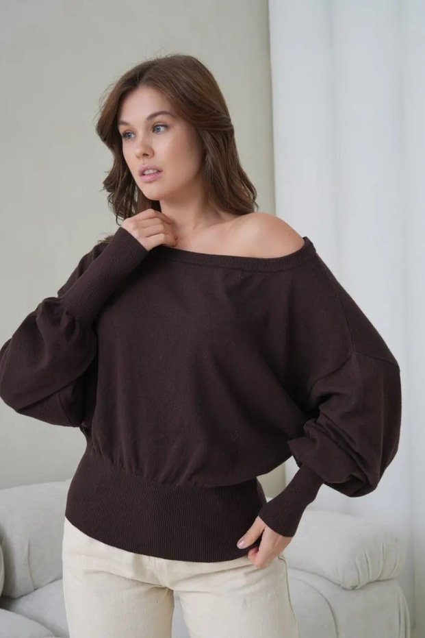 Women's Wide Neckline Sleeve Detail Premium Yarn Soft Textured Knit Sweater 12384.Crs