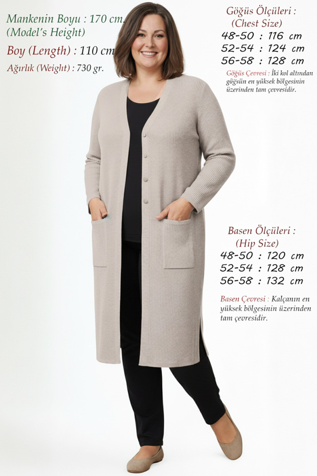 Women's Knitwear Ribbed Plus Size Winter Mother Cardigan Lycra Thick Long Non-Pilling Buttoned Light Mink
