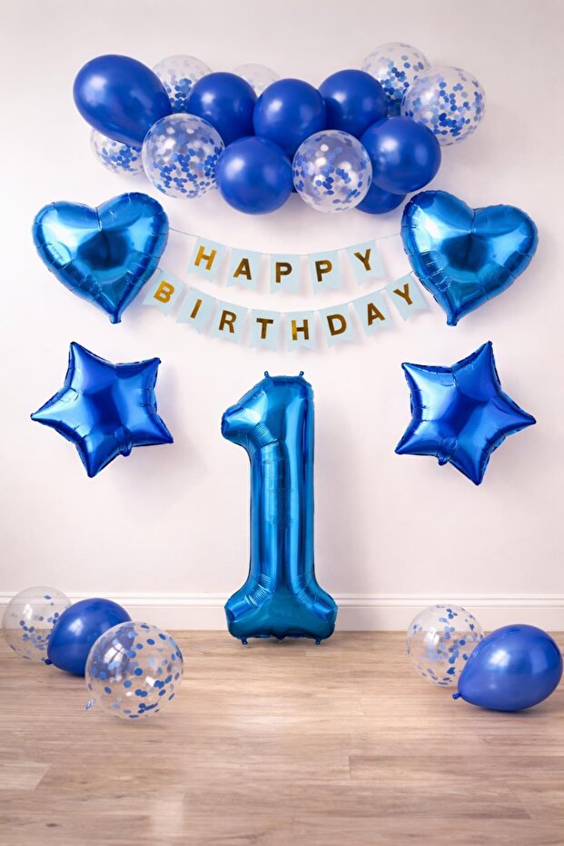 1 Year Old Blue Concept Birthday Set; Heart Star Foil Balloon Set
