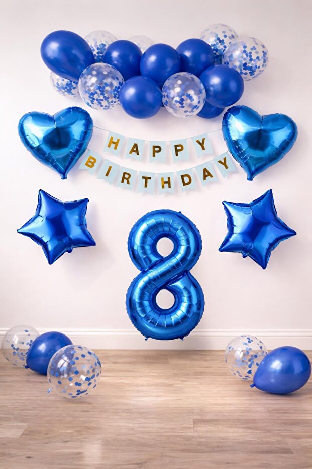 8 Year Old Blue Concept Birthday Set; Heart Star Foil Balloon Set