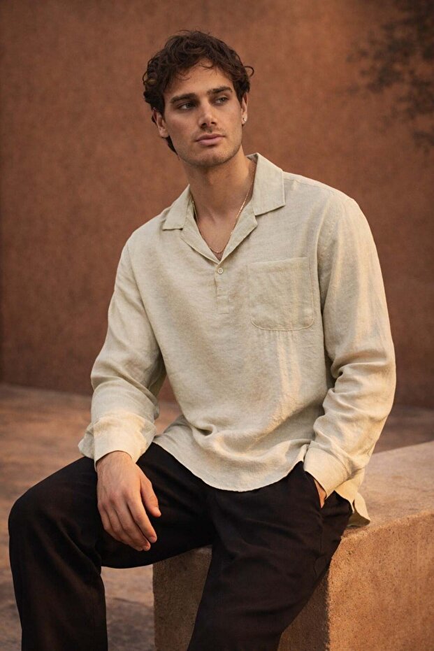 Sartre Apaş Yaka Tek Pocketed Slim m Modal Fabric O Oversized Long Sleeve Summer Shirt - Beige