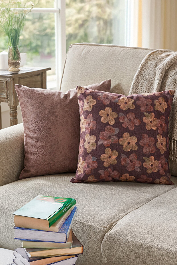Solvion 2-Piece Decorative Set of Cushion Cover Burgundy Daisy Patterned and Velvet Msi Plain Plum 43X43 cm