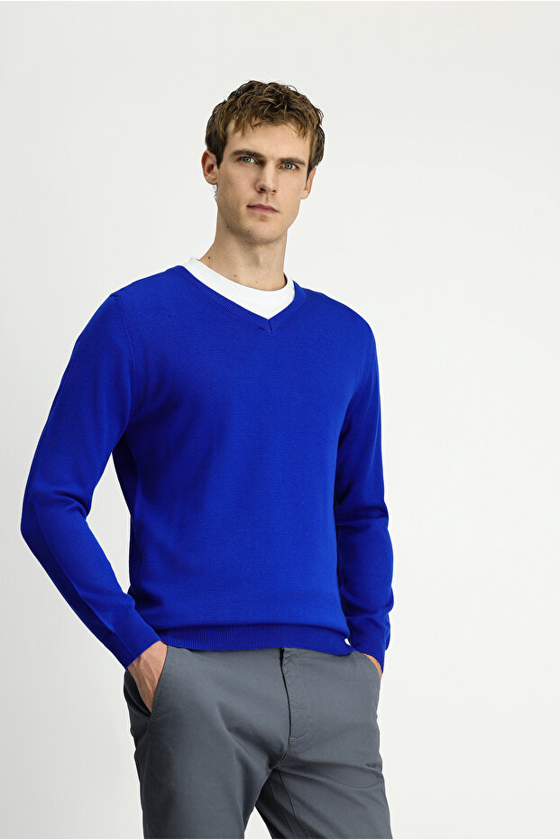 V Yaka Regular Fit Pamuklu Örme Triko Kazak - 6