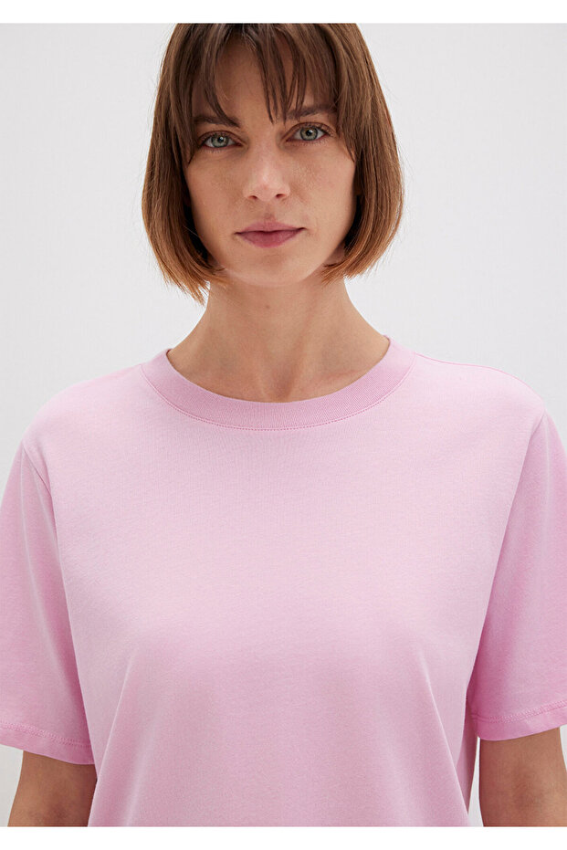 Bisklet Yaka Pembe Basic Tişört Regular Fit / Normal Kesim 1600955-71117 - 6