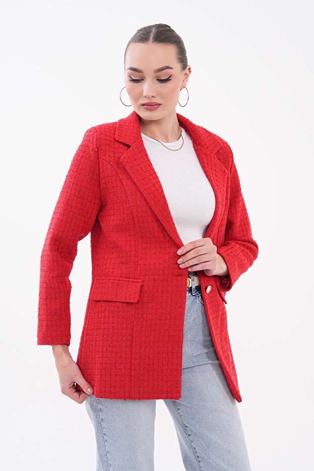 Red Single Button Lined Tweed Jacket - 2
