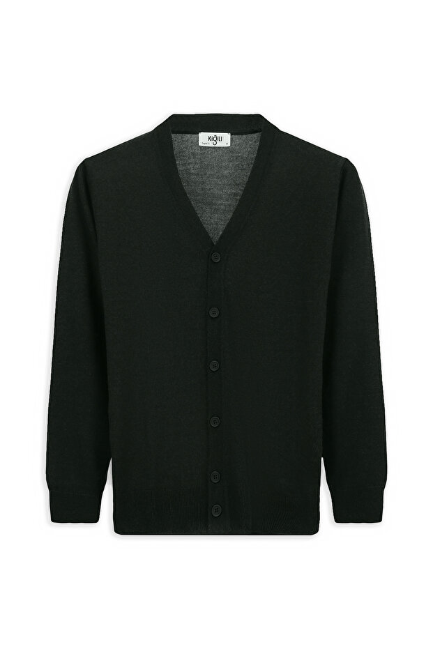 V Yaka Düğmeli Yünlü Örme Triko Hırka - 2