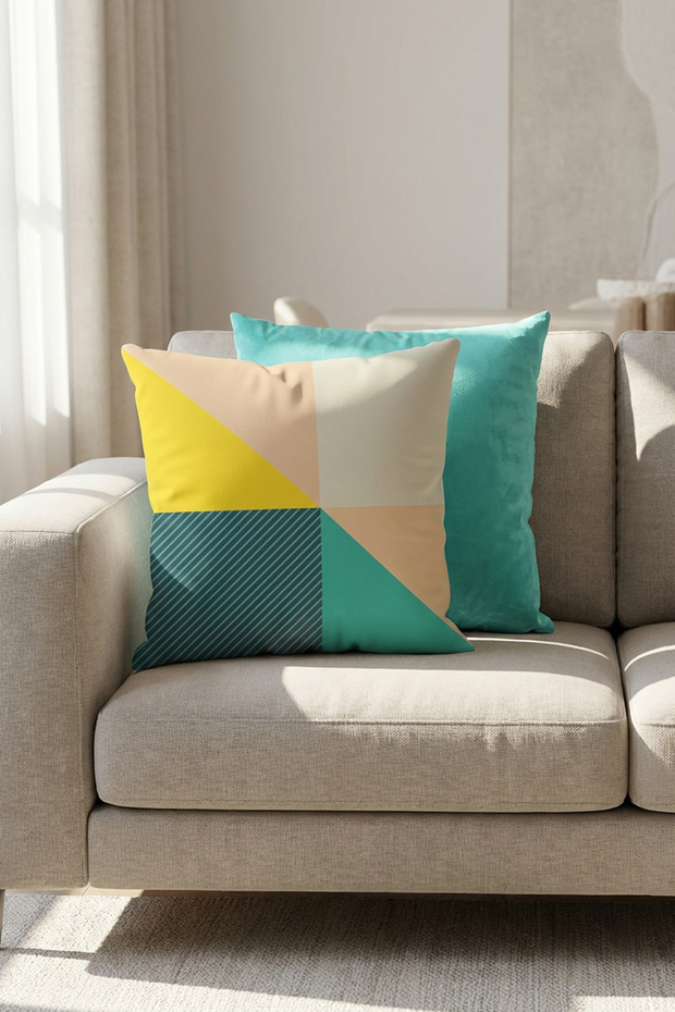 Set of 2 Sunny Decorative Throw Pillow Covers - Colorful Geometric Pattern and Velvety Plain 43X43 cm
