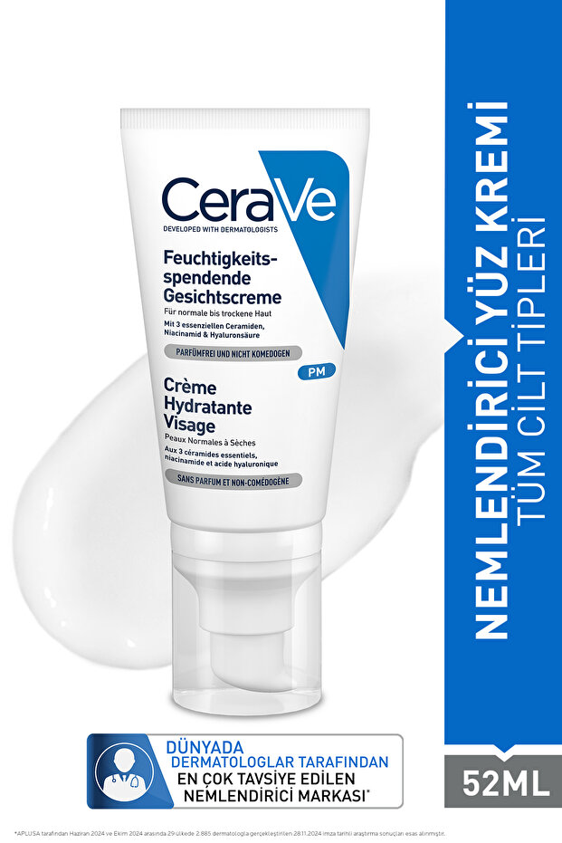 CeraVe Hyalüronik Asit & Seramid İçerikli Normal ve Kuruya Dönük Ciltler İçin Nemlendirici Yüz Kremi 52 ML
