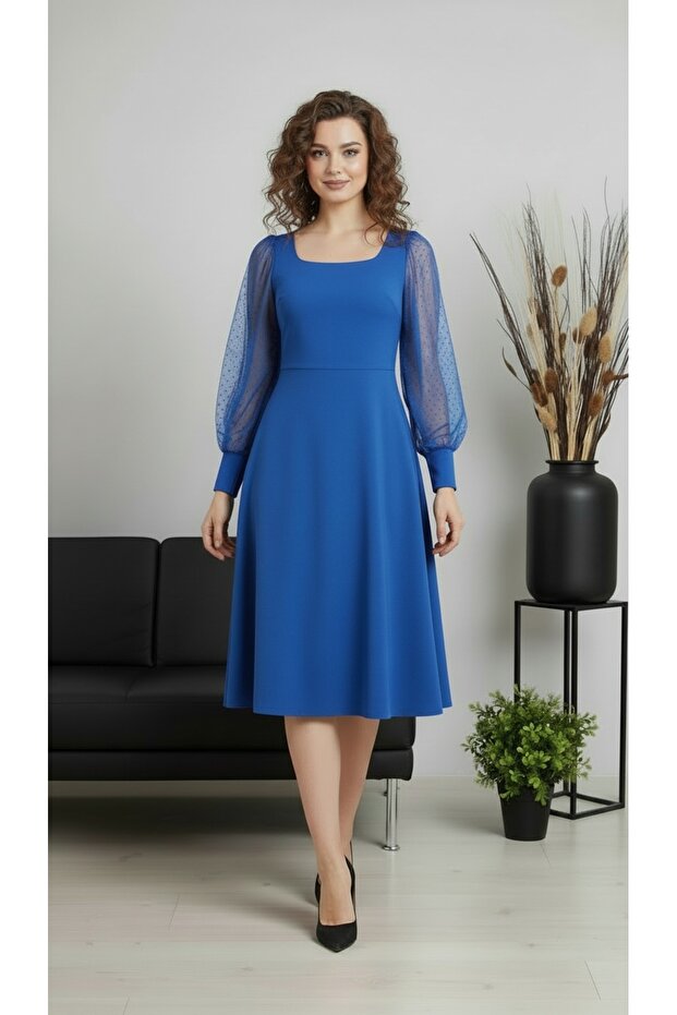Round Neck Midi Women's Dress with Chiffon Sleeves