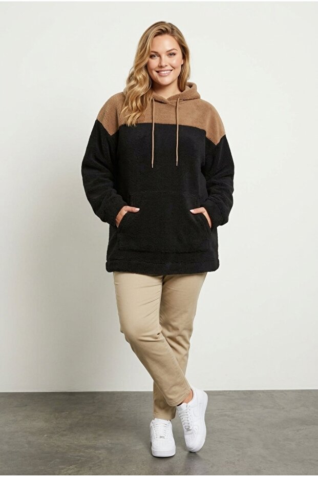 Big Size Long Sleeve Hooded and Pocketed Plush Fleece Sweatshirt 303796