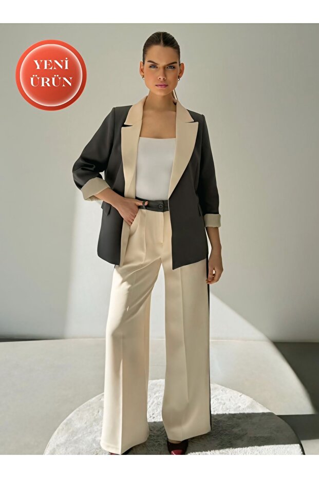 Contrast Color Paneled Blazer Jacket Palazzo Pants Cream - Anthracite Women's Suit