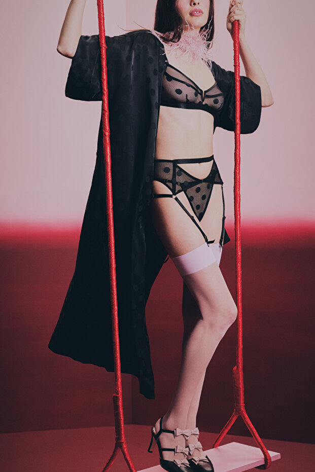 Siyah Dot Mesh Jartiyer - 1