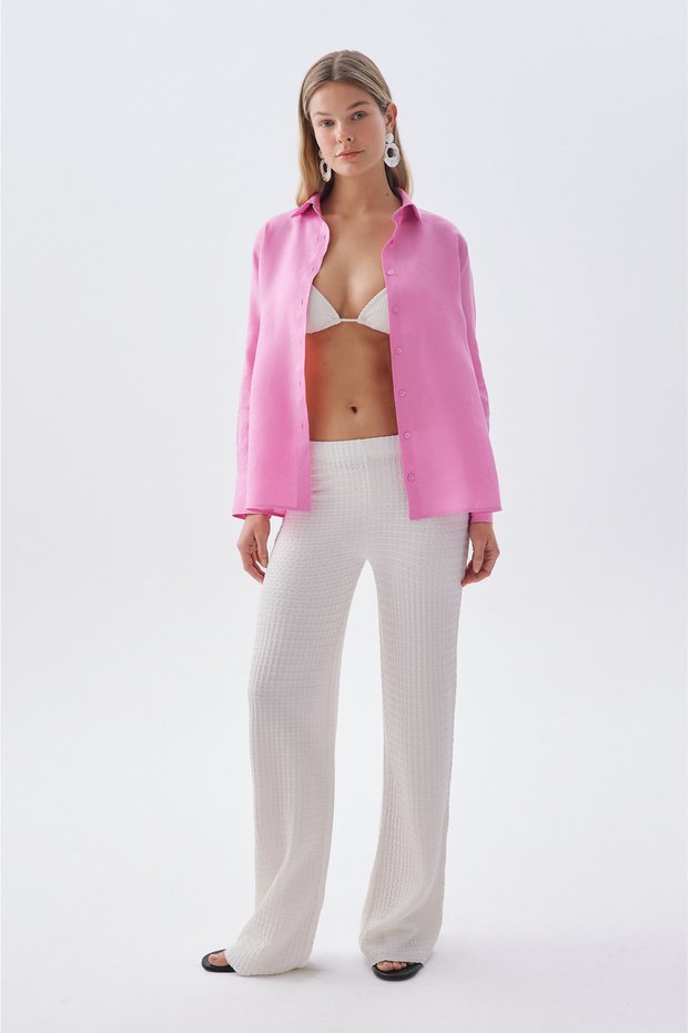 Women's Ecru Elastic Waist Ribbed Wide Leg Knitted Trousers