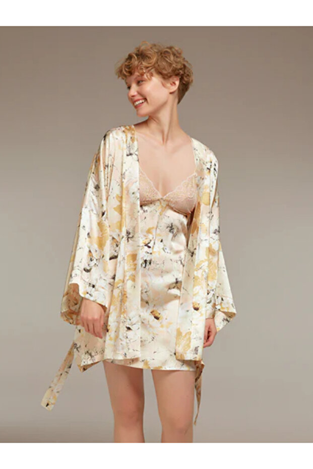 Bjm-1339 Nightgown & Dressing Gown Set - Patterned Silk Satin Ecru