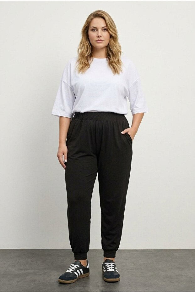 Large Size Elastic Waist and Cuffs Pocketed Thin Stretch Fabric Viscose Trousers 143299