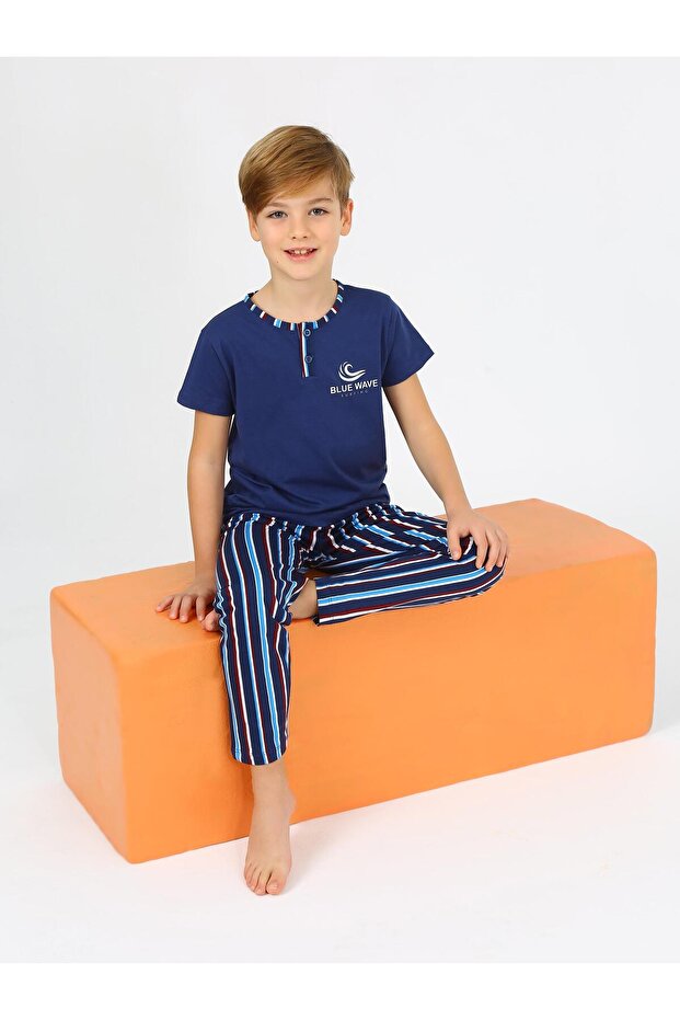 Boy's Short Sleeve 100% Blue Wave Pajama Set with Cotton Buttons and Button Detail Indigo