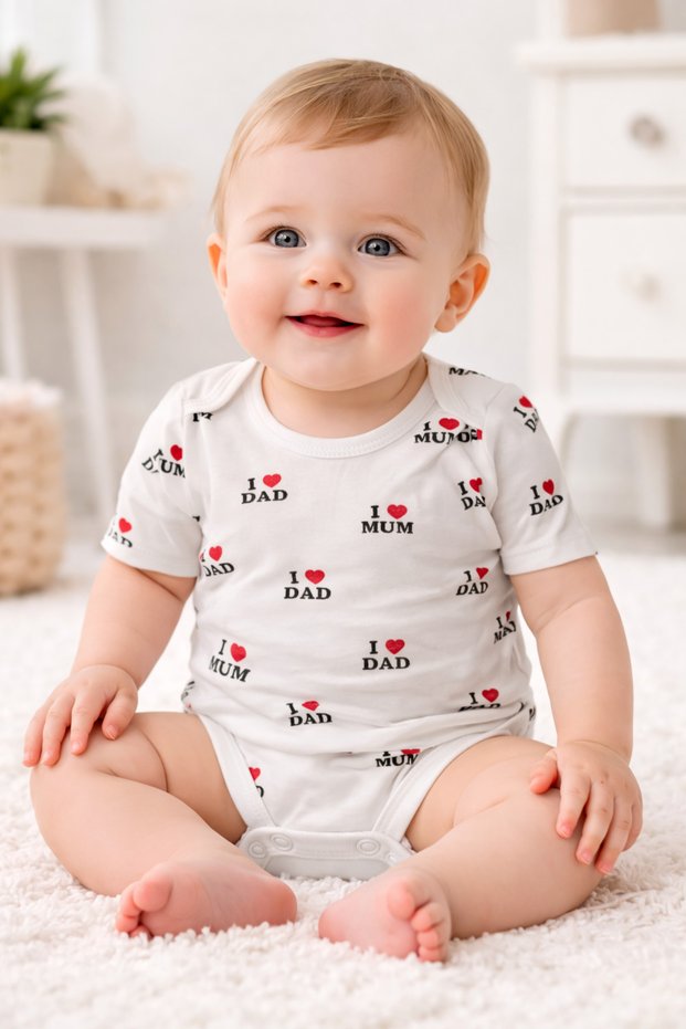Short-Sleeved Snap Body White with the Words'I Love Mom' and'I Love Dad' Printed on It, Unisex Collar Snap Body, Single Piece.