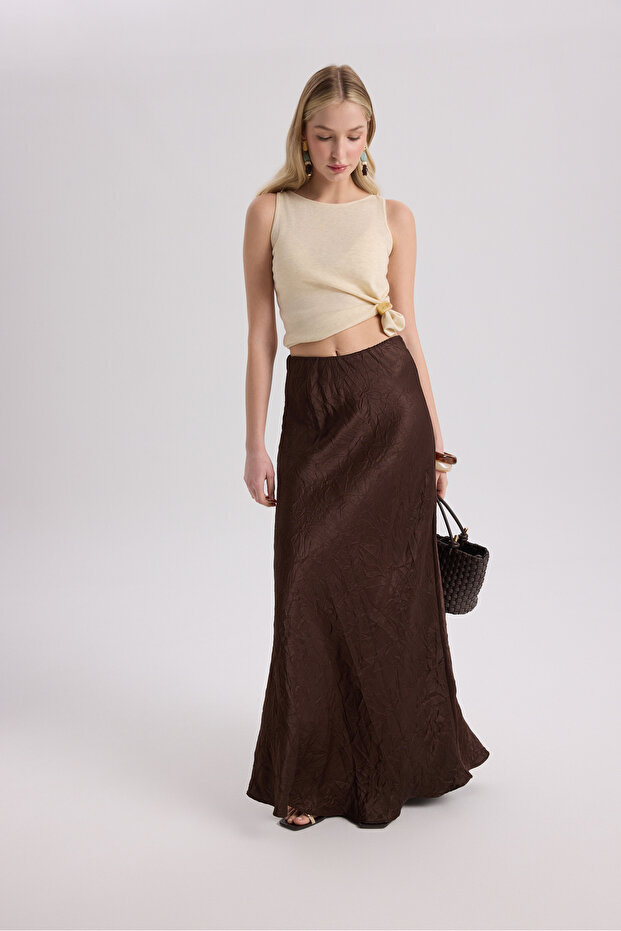 Eubah Wrinkled Long Brown Satin Skirt