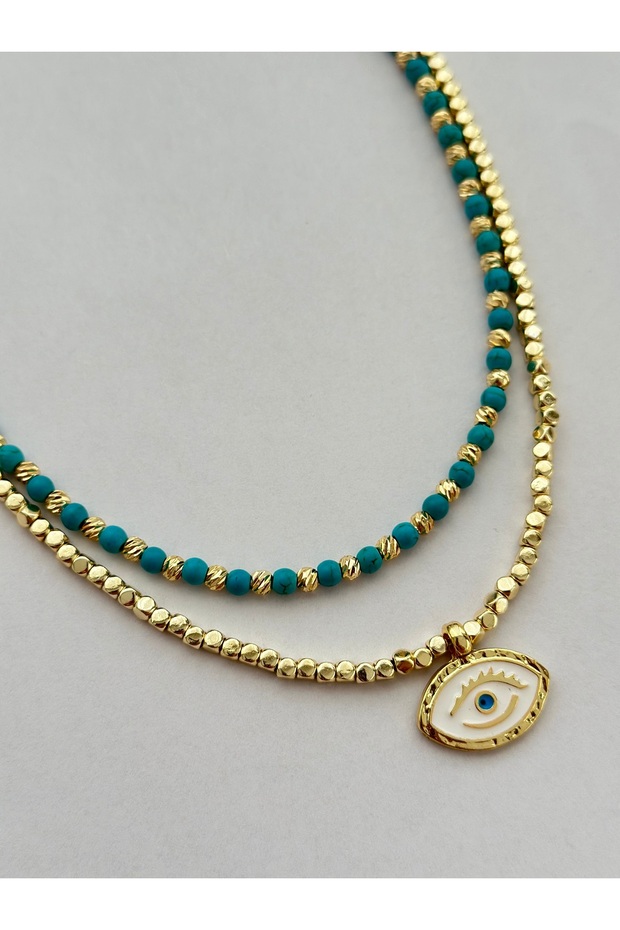 Turquoise bead and cube bead eye detail summer necklace (double necklace trend necklace)