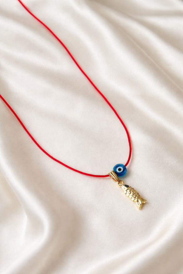 Red String Glass Evil Eye Bead Detailed Gold Fish Adjustable Necklace - Does Not Tarnish