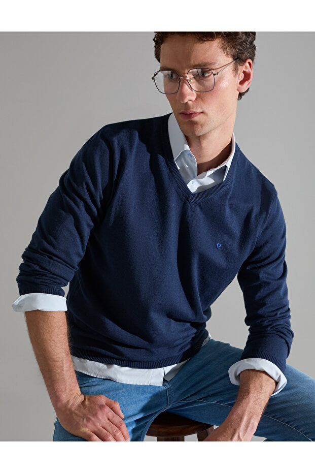 Light Navy Blue Slim Fit V-Neck Basic Knitwear Sweater 50314190-Vr059