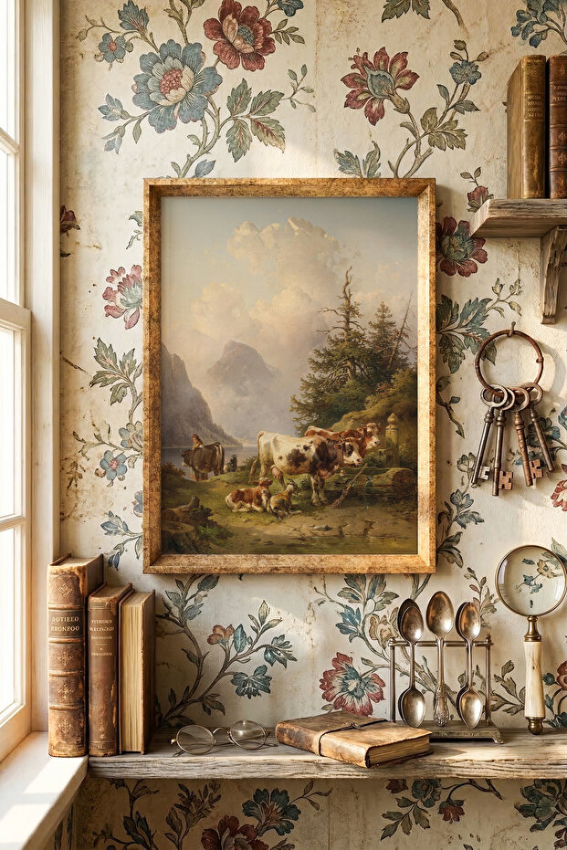 Herds of Animals with Shepherd Girl by the Lake - Vintage Patterned Frame