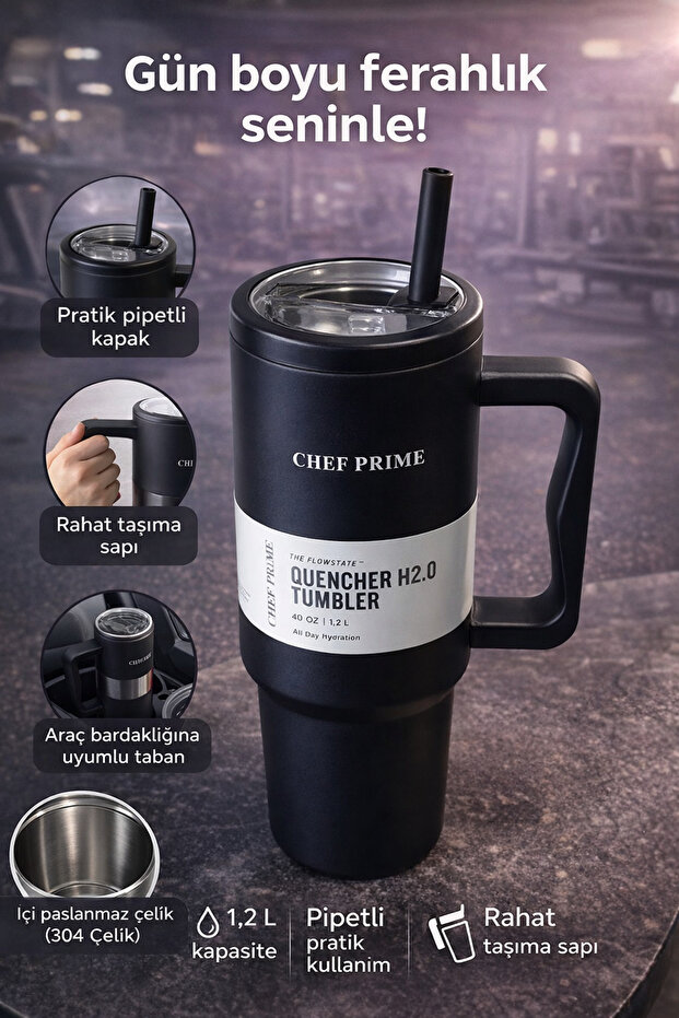 Steel Tumbler Thermos with Handle 1.2 L Large Size with Straw Compatible with Car Cup Holder Hot and Cold Holder