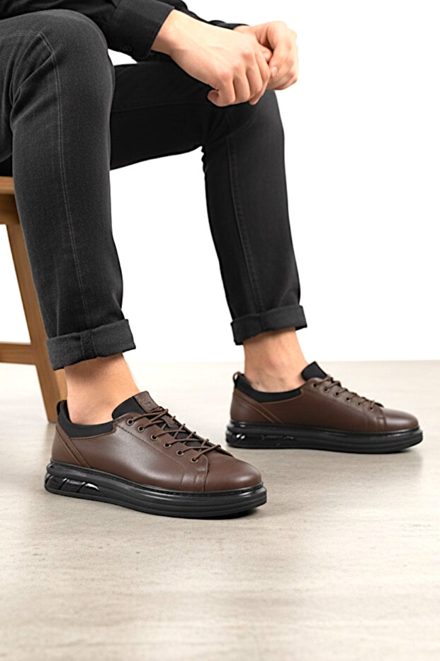 Men's Brown Genuine Natural Leather Leather Stick Lace-Up Sneakers Sneakers Kabi
