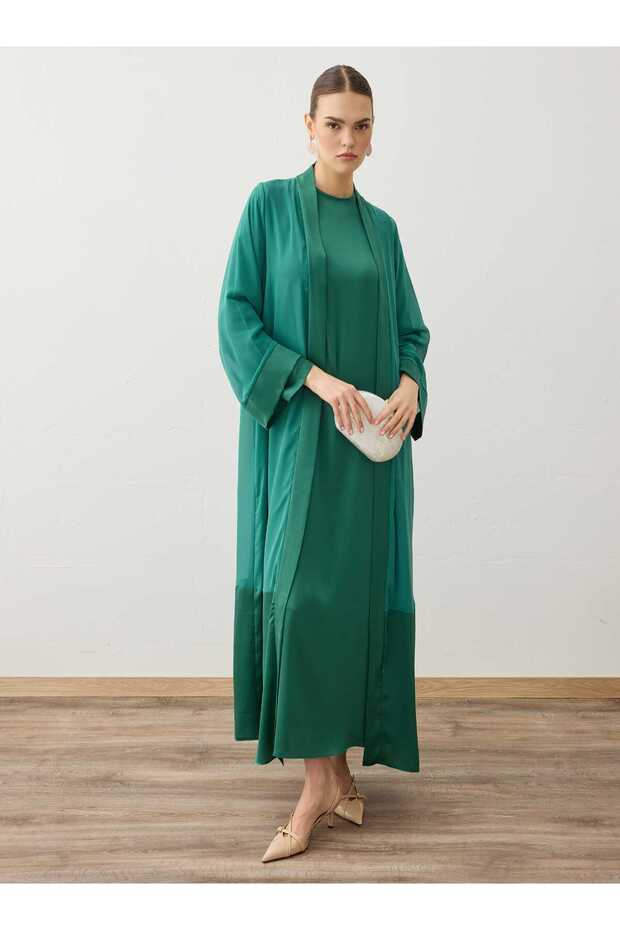 Satin Fabric Long Sleeve Dress & Ferace Set - Dark Green -