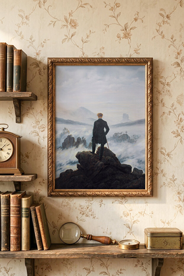 Traveler Above the Fog Sea - Vintage Patterned Frame