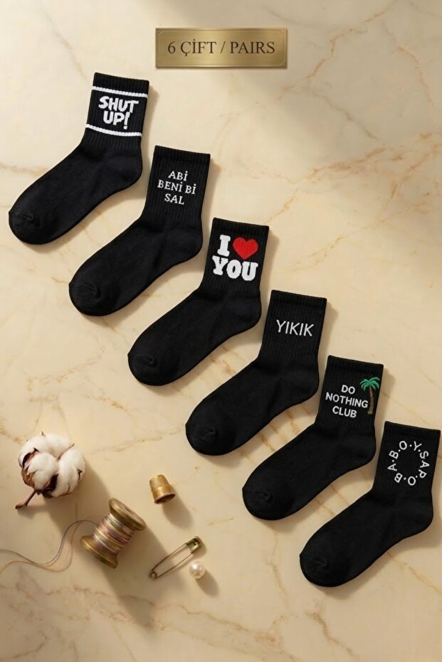 6 Pairs of Text Patterned Cotton Black College Socks – Unisex Women's and Men's Socks Set