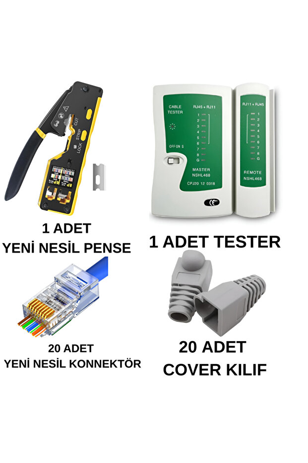 مجموعة هدايا تتضمن كماشة EZ RJ45 + جهاز اختبار الشبكة + 20x Cat6 Jack + 20x Kılıf + Bıçak