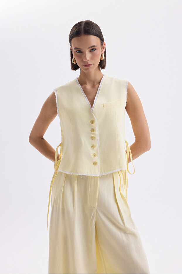 Shonas Lace Detail Yellow Vest Pants Set