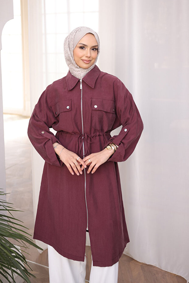 Burgundy Belted Double Pocket Gabria Cap