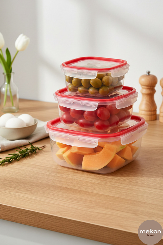 Lockable Storage Container Set of 3 – Square Transparent Red Air-Tight Food Storage Containers with Gaskets
